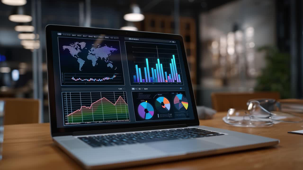 Detailed Data Analysis on Laptop Screen Featuring Global Maps, Charts, and Graphs Representing Business Insights and Statistical Trends in Modern Workspace