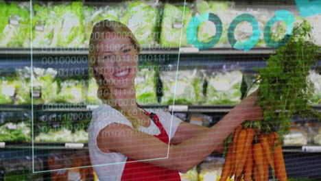 animation of data processing over caucasian woman grocery shopping