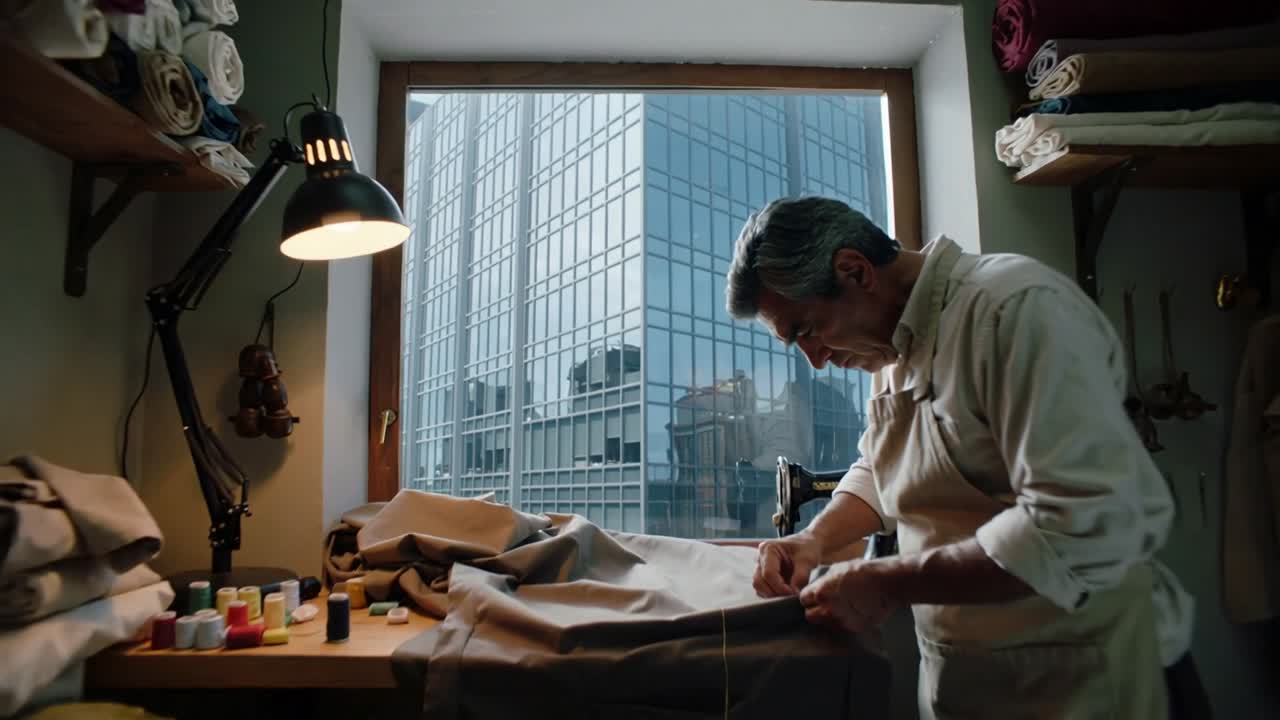 Sarto con grembiule da lavoro e camicia leggera che liscia il tessuto e cuce al banco vicino alla finestra, con spazio per il testo.