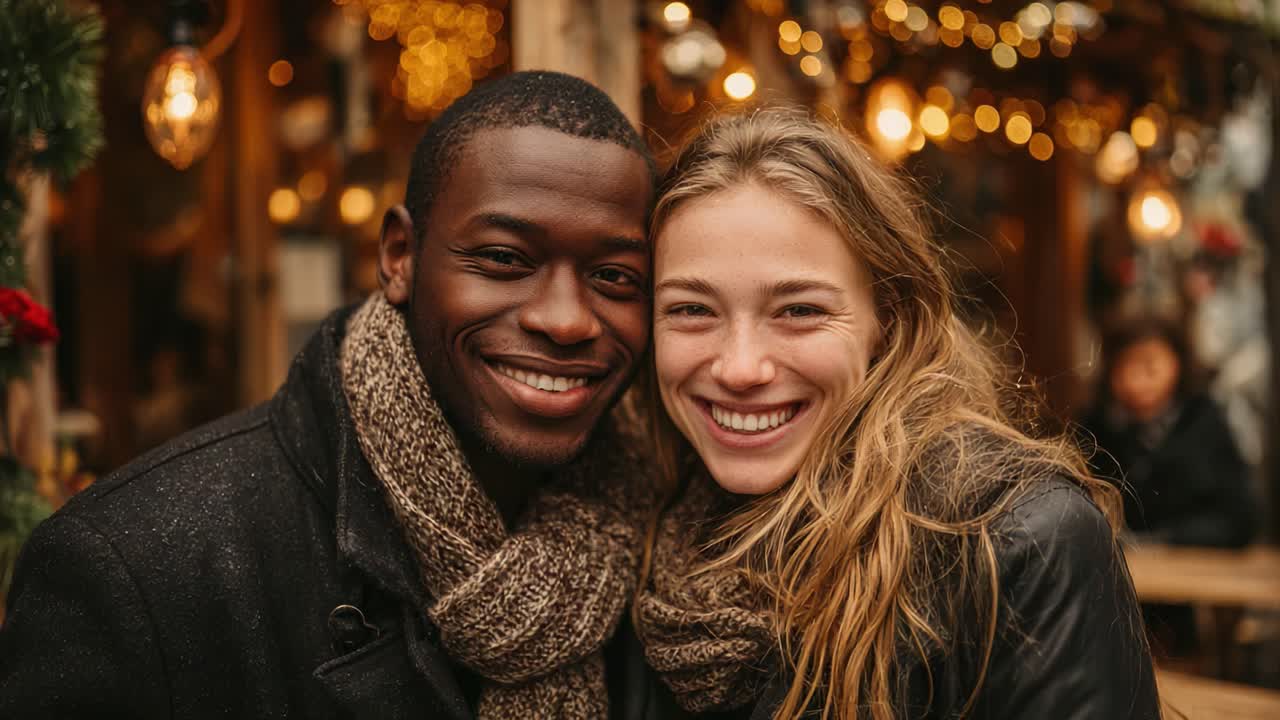 Un momento di gioia immortalato: due amici che condividono sorrisi sinceri in un'atmosfera accogliente, circondati da luci calde e allegria festosa