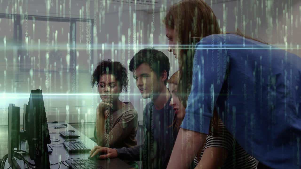 Lead entering and leaning over, guiding team through tech task, mousing, green overlaying screen