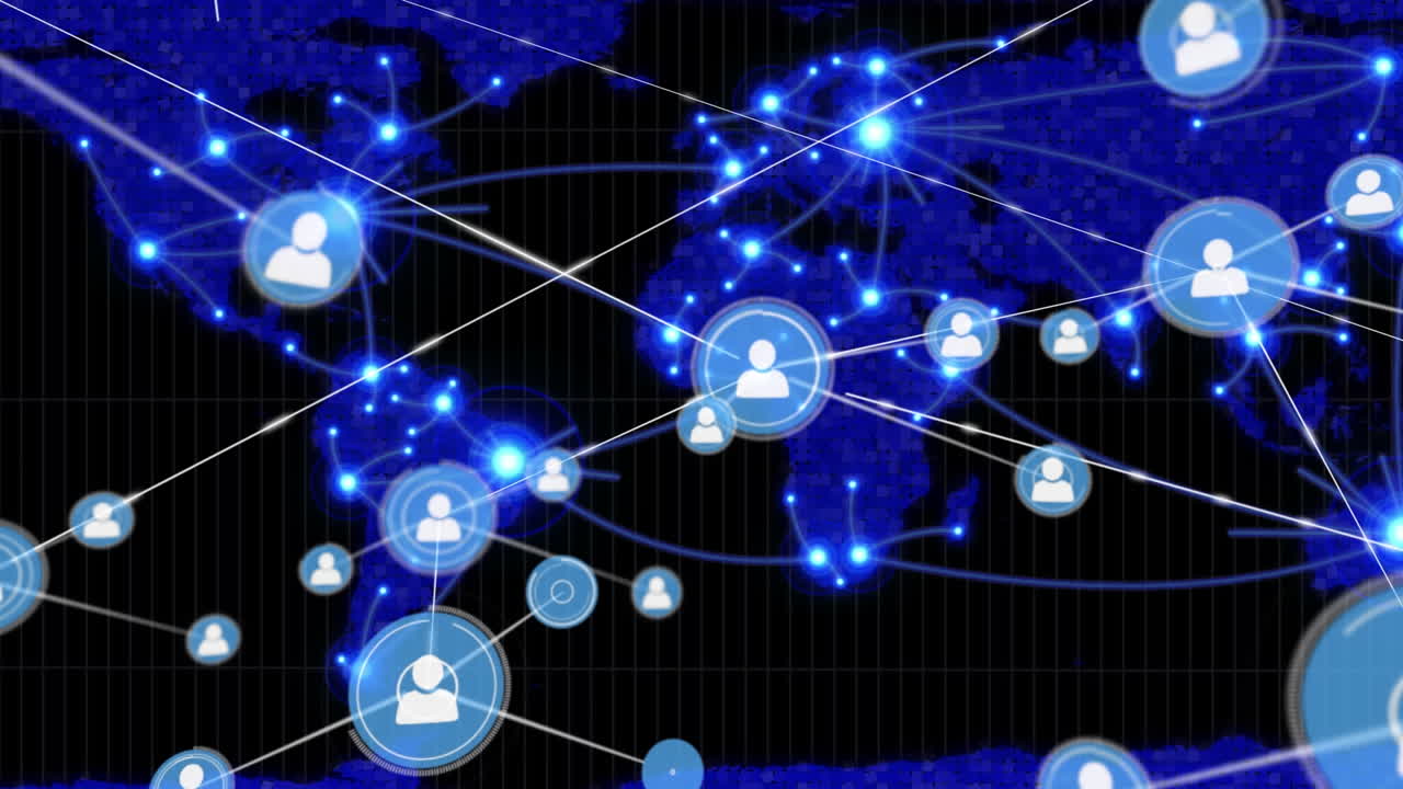 animación de la red de iconos de perfil sobre senderos de luz azul brillante sobre el mapa del mundo