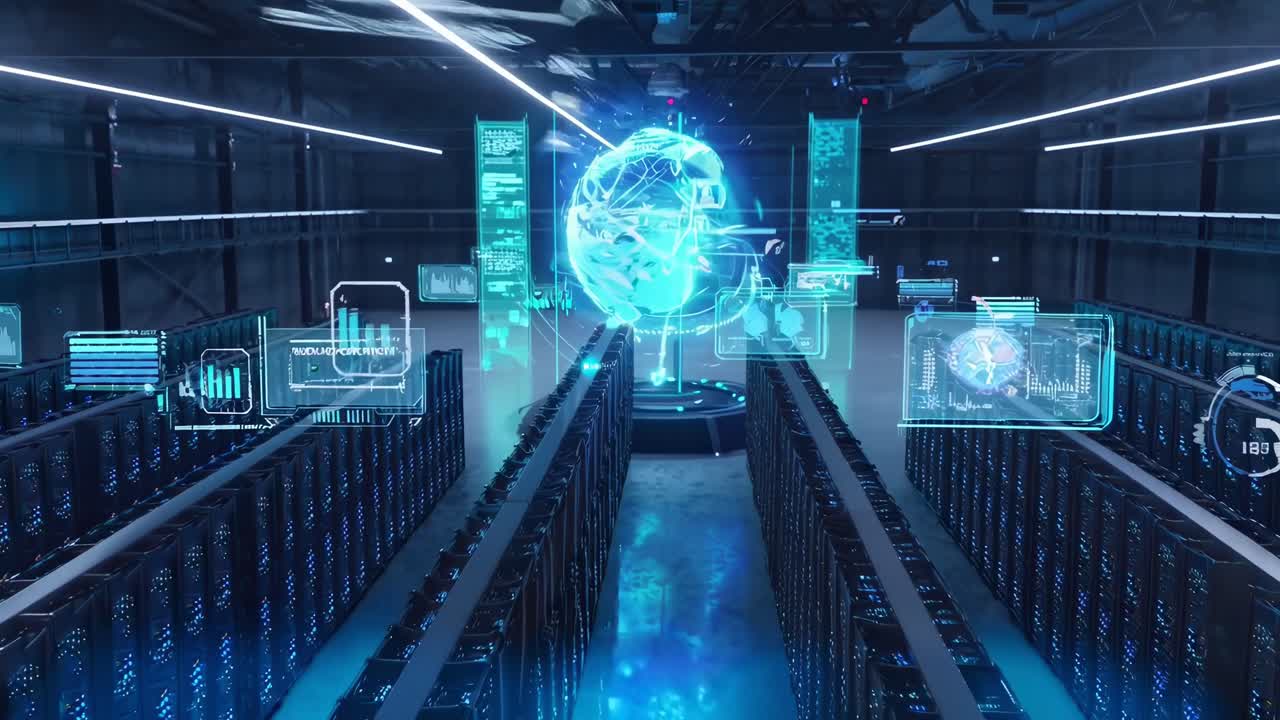 Futuristic Data Center with Holographic Global Network Display