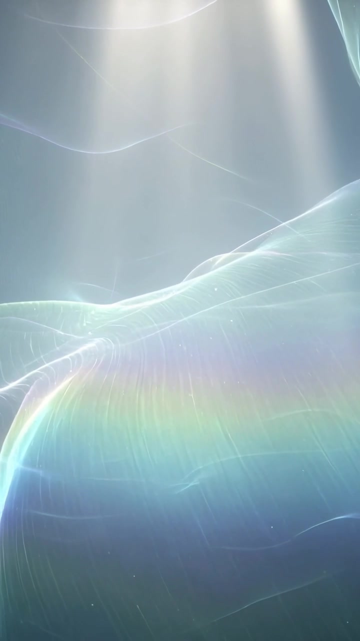 Vertical video: Shifting glowing wave flattening as light shifting in void above with rainbow band