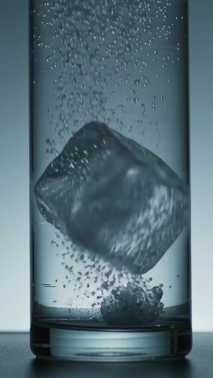 Video verticale: Colonna di bollicine che solleva un cubetto di ghiaccio all'interno di un bicchiere alto su un tavolo da studio