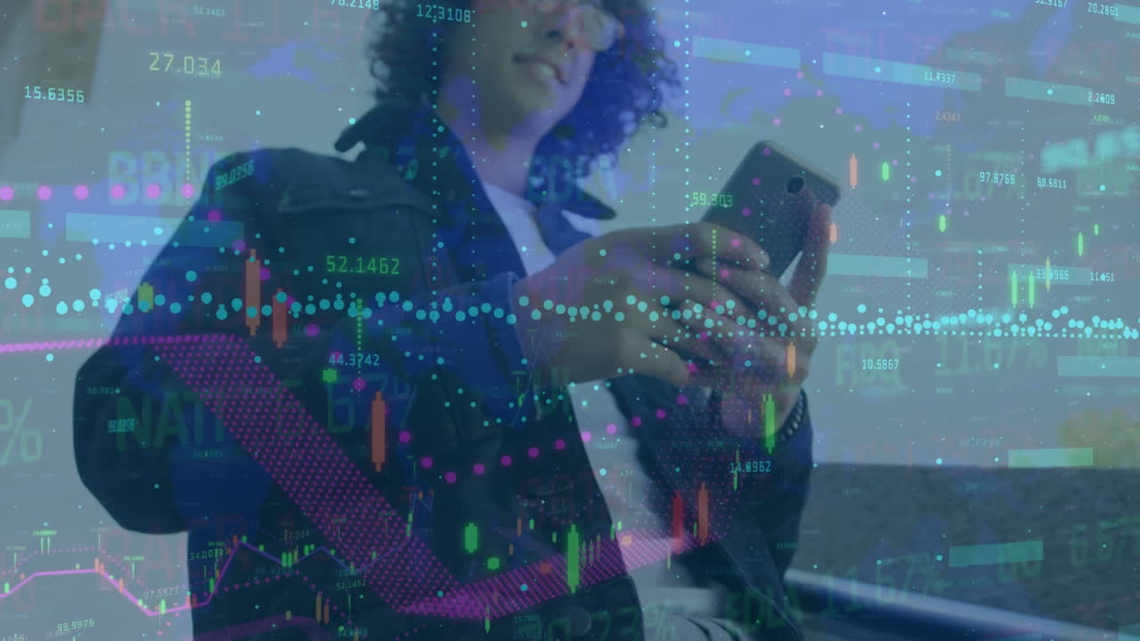 Animation of financial data processing over caucasian man using smartphone