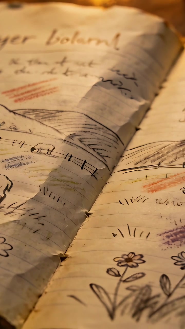 Video verticale: Telecamera in movimento che documenta un libro rilegato aperto sulla scrivania, una lampada calda che proietta ombre su schizzi.
