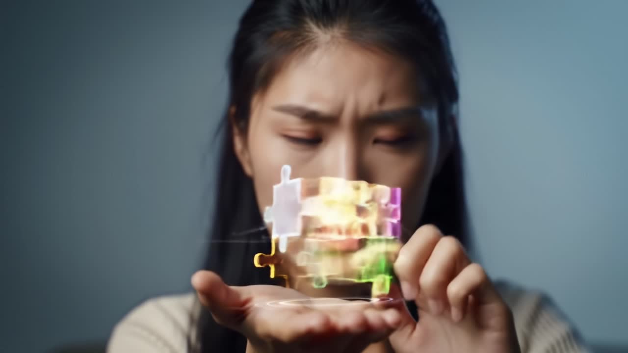 An Intriguing Exploration of Digital Manipulation: A Young Woman Engages with a Floating Holographic Puzzle, Delving into the Boundaries of Technology and Imagination