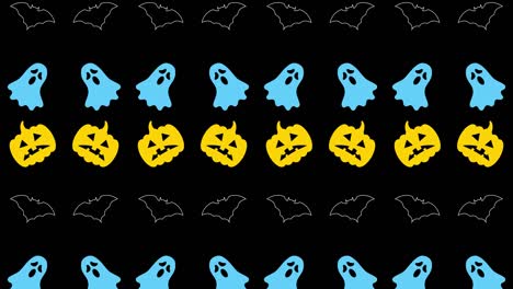 animadas cabezas de calabaza, fantasmas y siluetas de murciélagos patrón en un fondo negro. halloween vacaciones movimiento decoración gráfica telón de fondo
