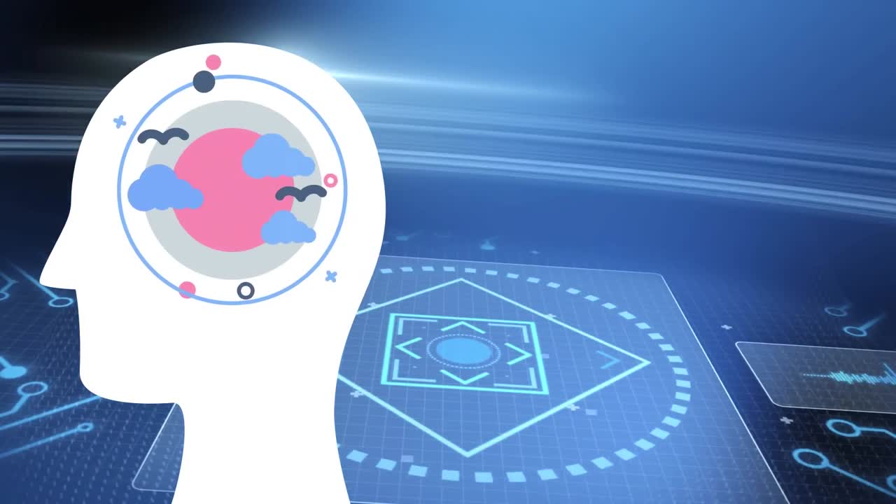 파란색 배경에 구름과 디지털 화면을 가진 인간의 머리의 애니메이션