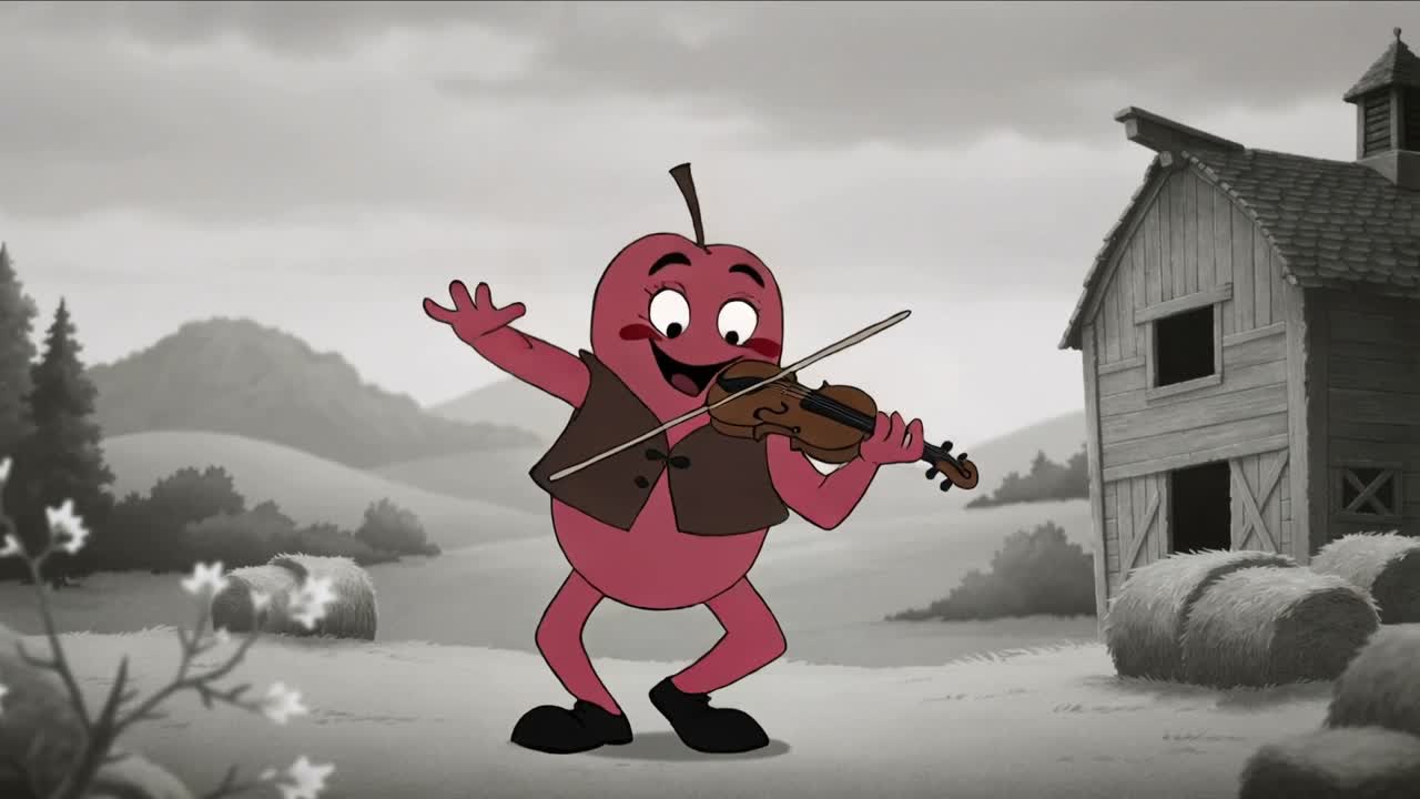 Çiftlik avlusunda keman çalan, işaret üzerine zıplayan, kahverengi yelek ve siyah ayakkabı giyen pembe meyve.