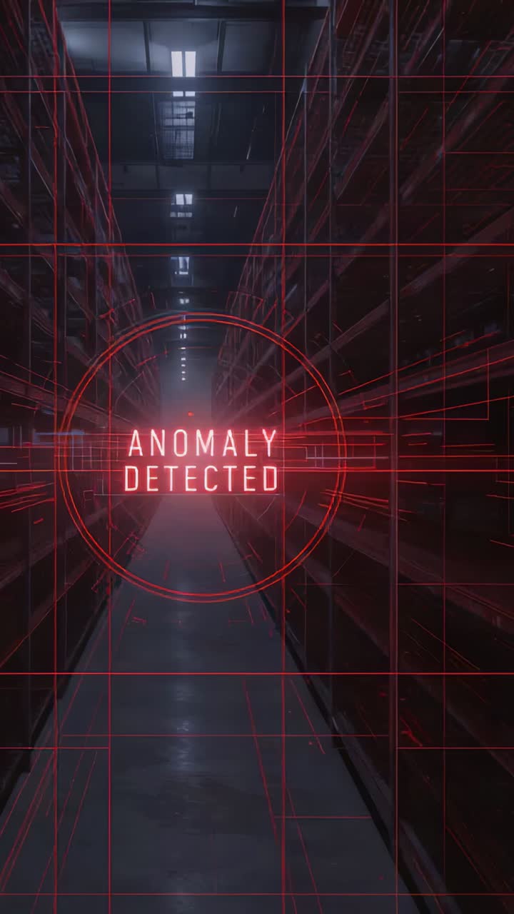 Vertical video: Appearing red HUD alerting in storage aisle between metal racks, ANOMALY DETECTED