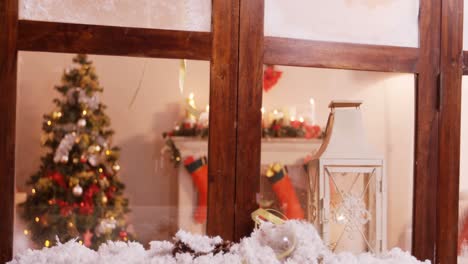 pine cone decoration on fake snow