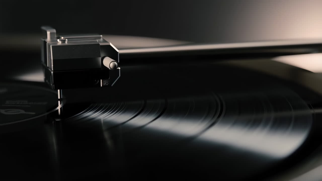 Close-up of a record player's needle on a spinning vinyl record