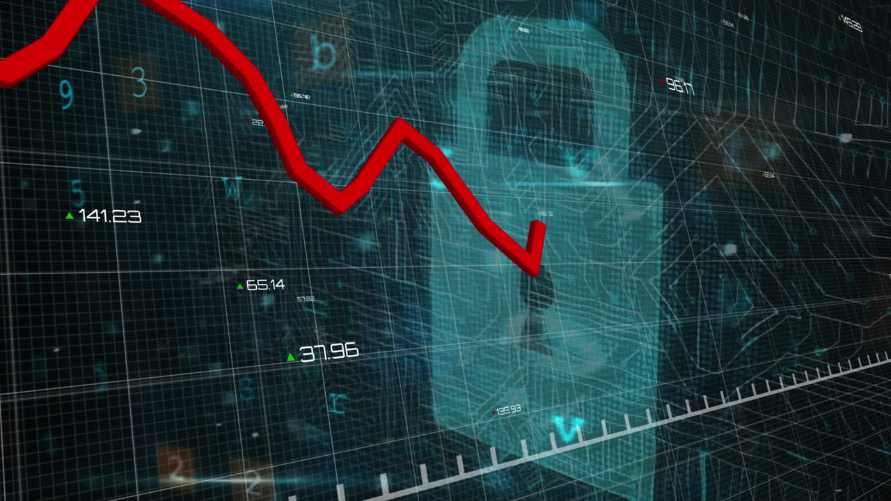animación de la línea roja del gráfico de degradación en el patrón de cuadrícula sobre el bloqueo, el texto y el patrón de la placa de circuitos