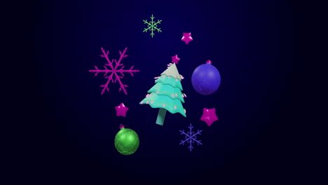 animation of spinning christmas tree and decorations on black background