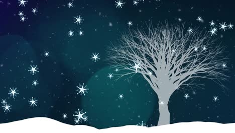 animación de copos de nieve blancos de navidad sobre árbol de invierno desnudo y luces azules por la noche.