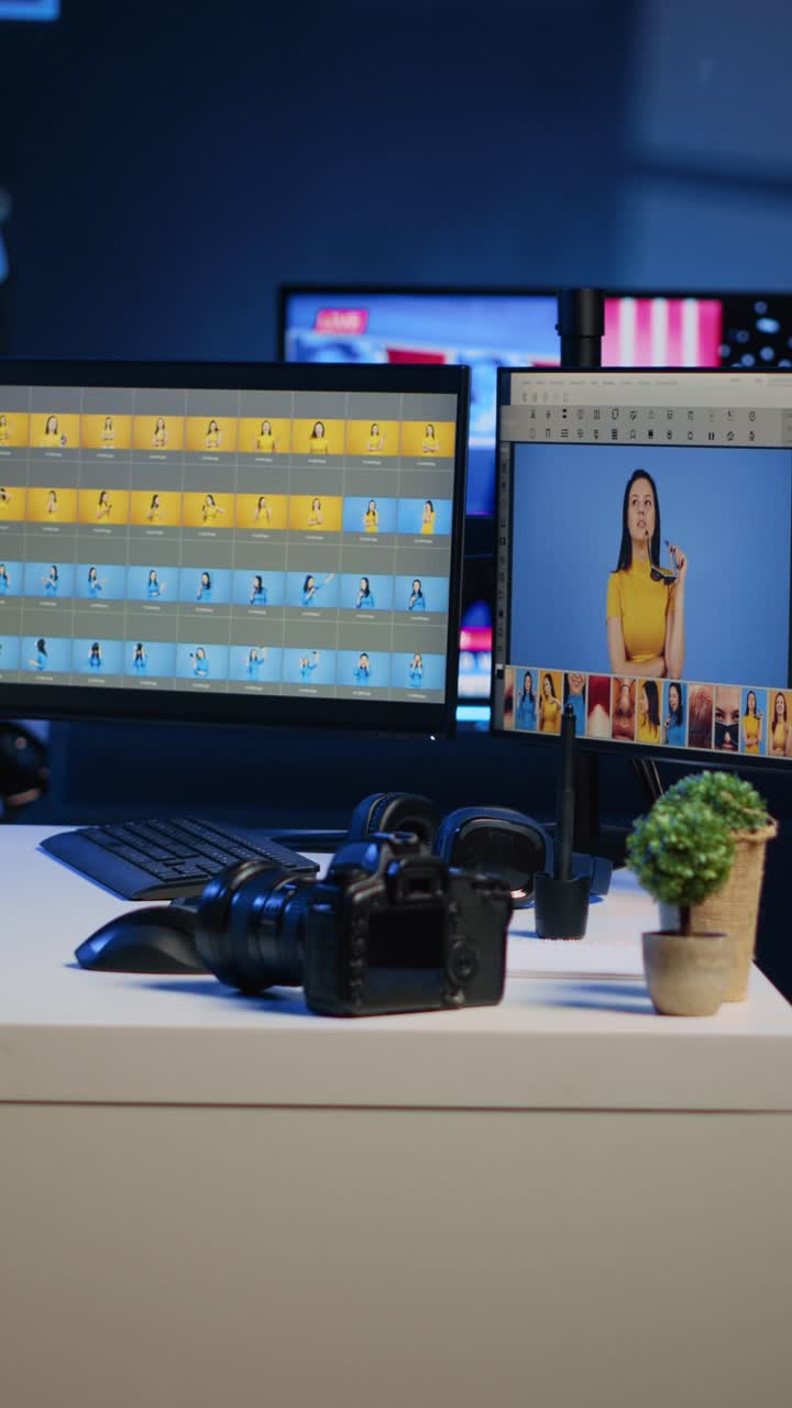 Video verticale Studio fotografico professionale di post-elaborazione con interfaccia del software di editing sugli schermi del PC