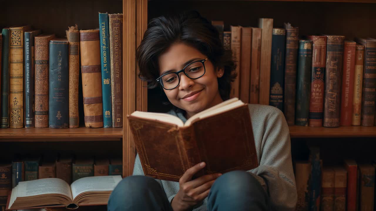 Un adolescent lisant, portant un pull gris et des lunettes près d’une bibliothèque, tournant les pages d’un livre ancien pour étudier