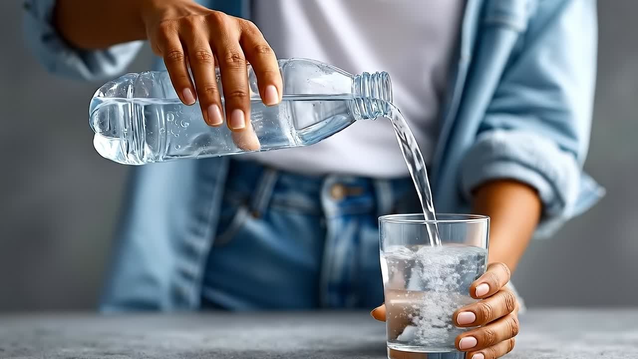 A woman pouring water into a glass of water