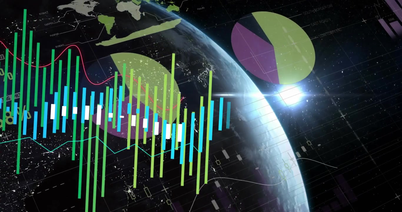 Animazione di elaborazione dati finanziari e statistiche sul globo.