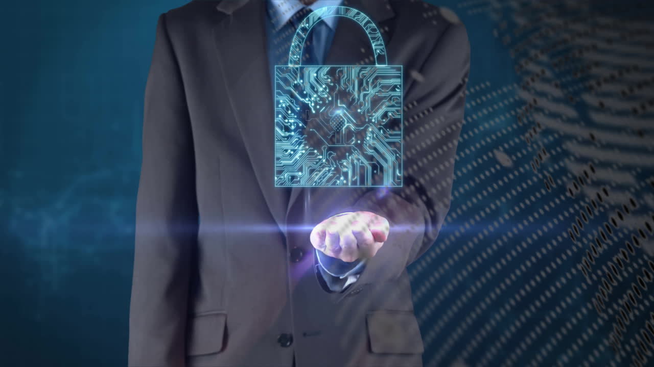 Holding digital padlock hologram, businessperson representing data protection and cybersecurity
