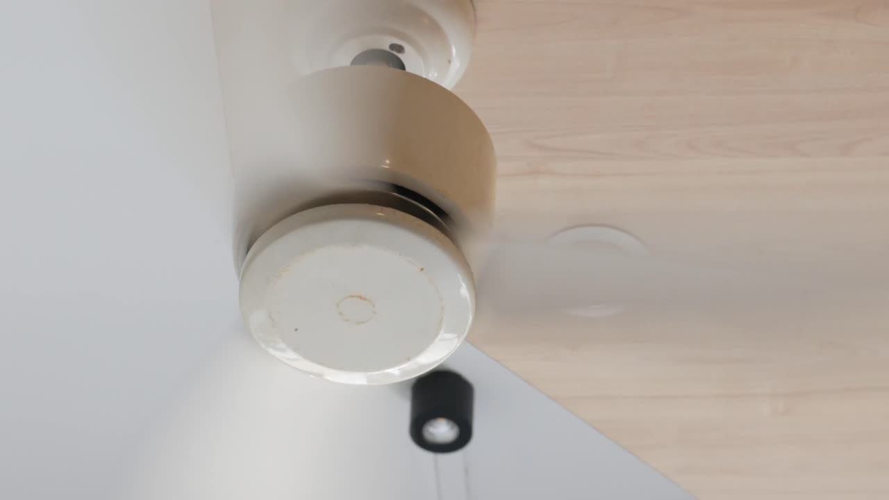 Modern White Ceiling Fan Spinning on a Wood Paneled Ceiling