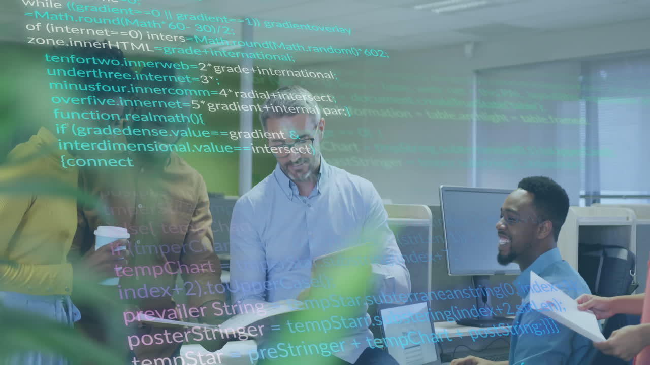 Animation of financial data processing over diverse business people in office