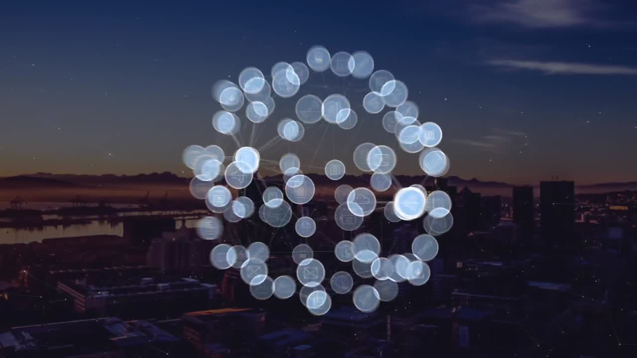 도시 풍경 위의 아이콘으로 연결된 네트워크의 애니메이션
