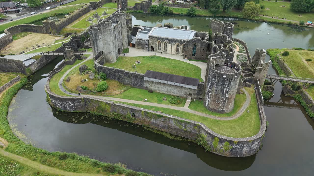 Aerial view of the largest castle in Wales, a 13th-century Norman fortress