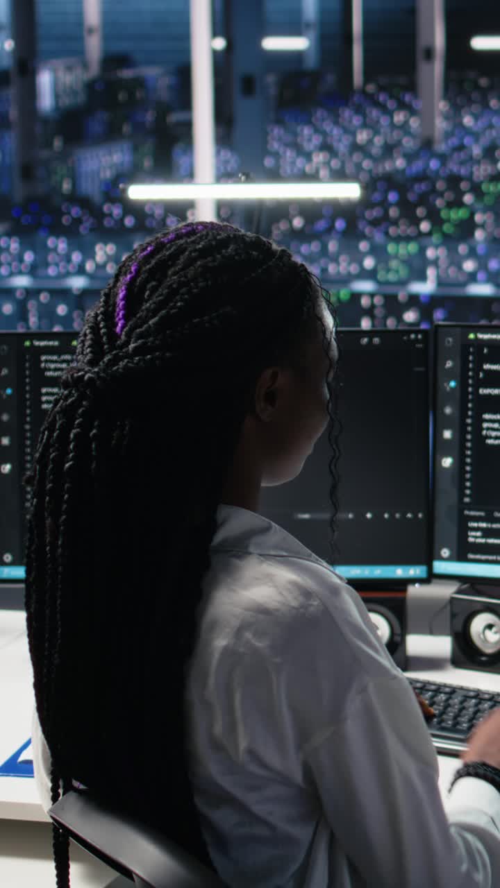 Vertical video Data center system administrator working on neural network tech