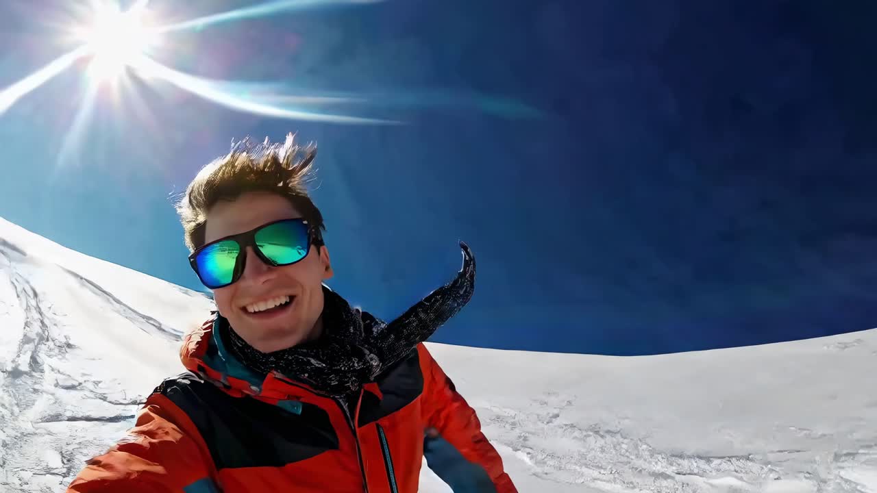 Un video selfie dinamico riprende una persona sorridente con abbigliamento invernale su un pendio innevato, con un grandangolo