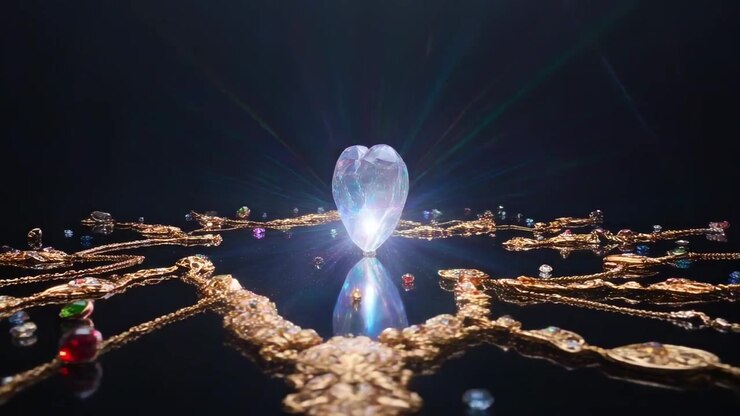 Lighting intensifying, cut heart crystal pulsing, settling on black plate, highlighting gold chains