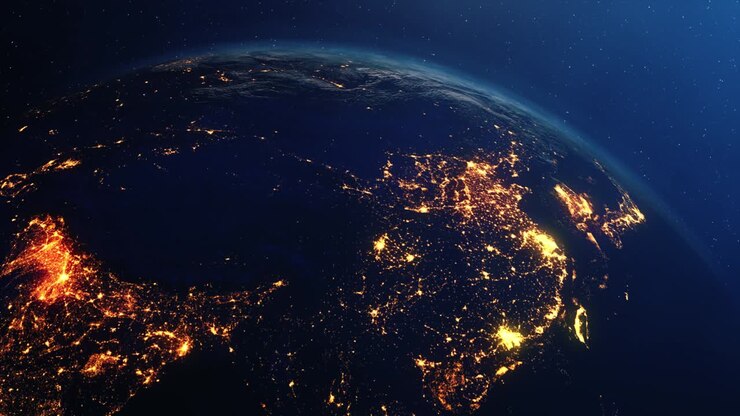 The night seen of planet earth city lights from the international space station space clouds sunsire