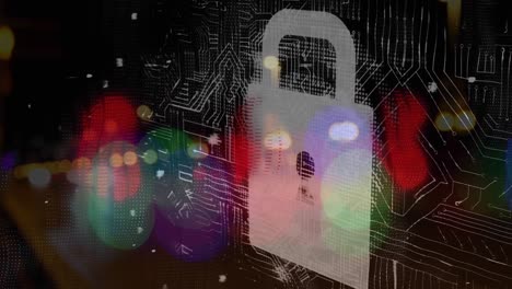 Animation-of-security-padlock-icon-over-microprocessor-connections-against-night-city-traffic