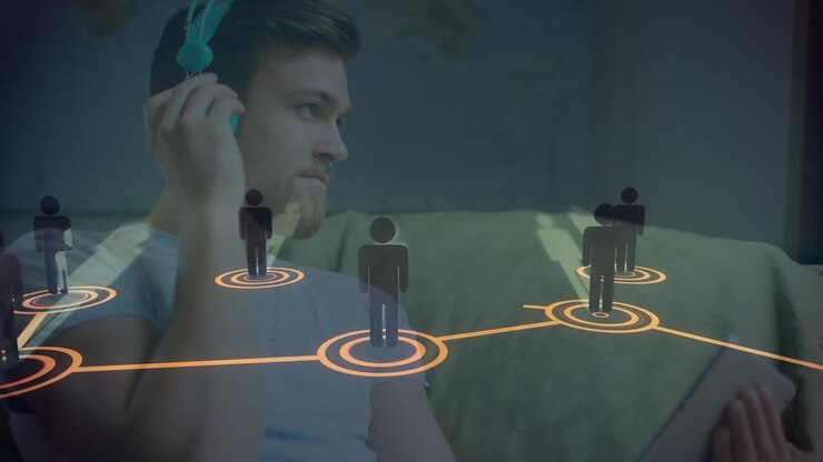 Animation of networks of connections with icons over man using smartphone