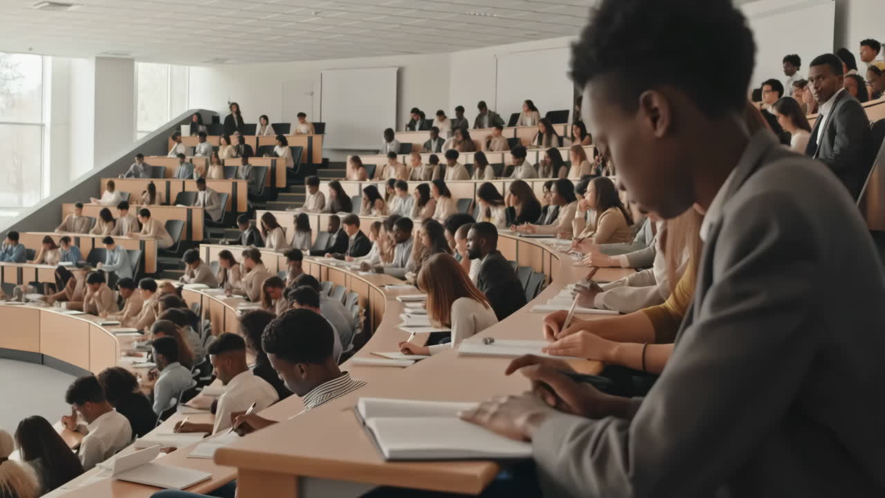 Students attend a lecture in a large university hall