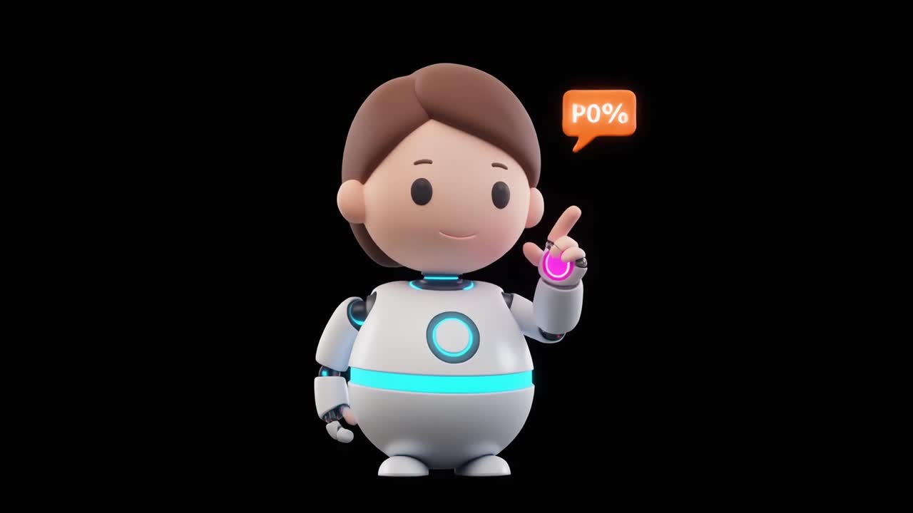 Simpatico Personaggio Robot Animato in 3D che Indica e Mostra una Nuvoletta di Dialogo