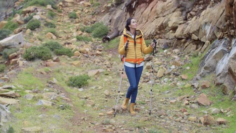 mujer joven en forma y sana caminando por un sendero