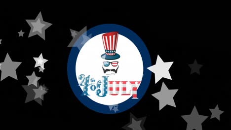 animación del 4 de julio texto, estrellas sobre sombrero con bandera de los estados unidos de américa patrón