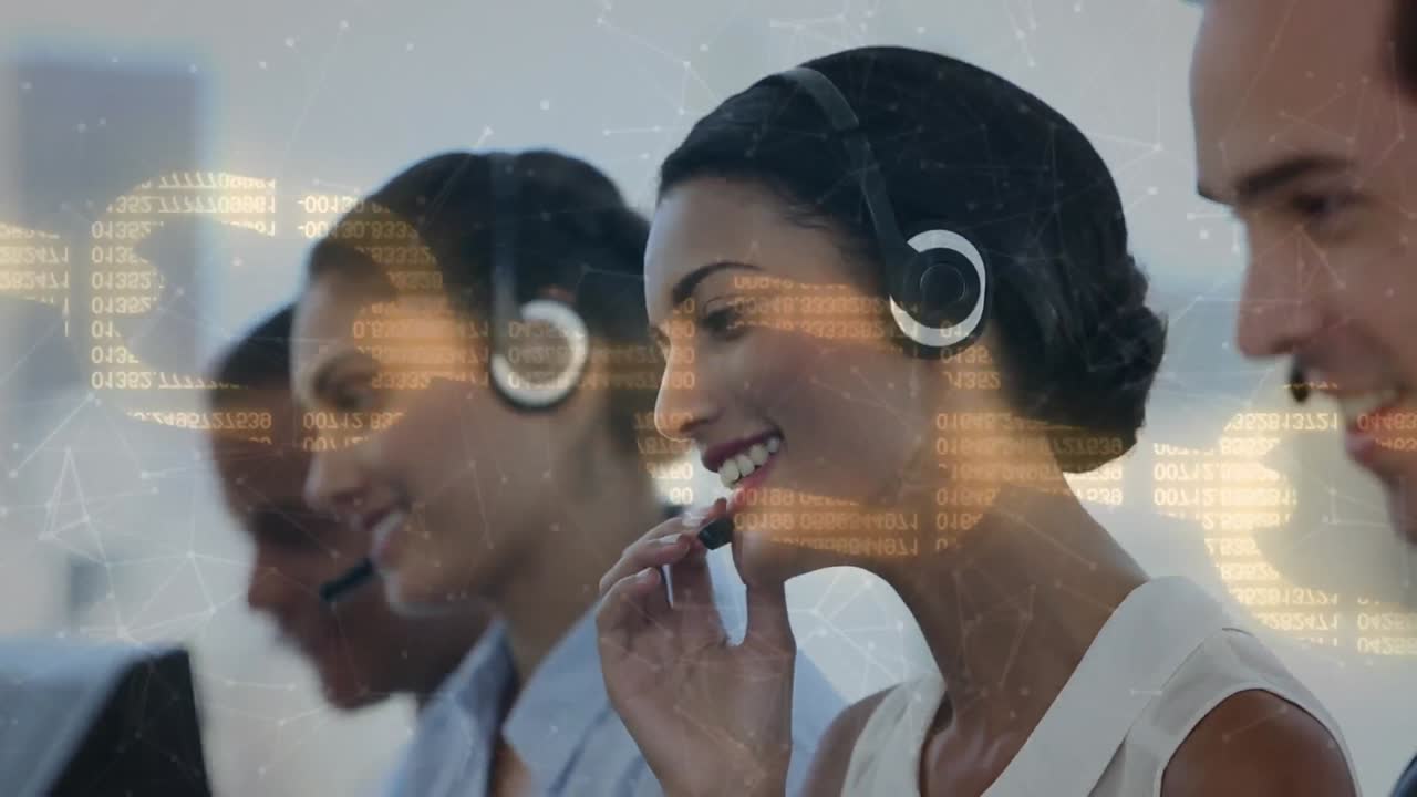 animación de personas de negocios que usan auriculares telefónicos sobre la cadena de seguridad y las conexiones.