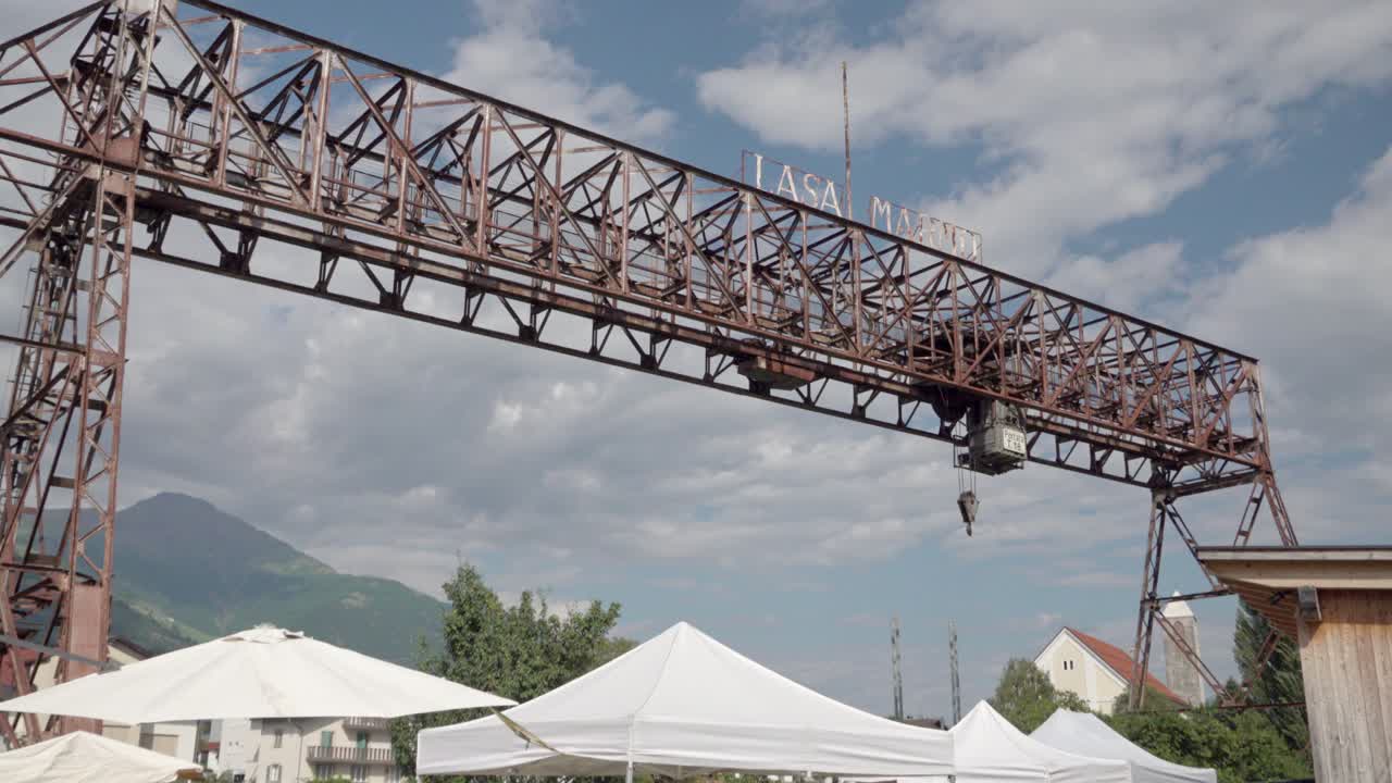 A crane to transport marble blocks at Lasa Marmo during the open day event Marble and Apricots in Laas Lasa, South Tyrol, Italy.