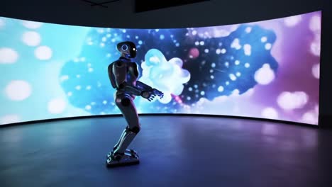 a futuristic humanoid robot interacts with vibrant digital backdrops, showcasing advanced technology and immersive design in a visually stunning environment