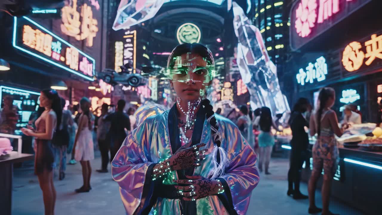 Cyberpunk Futuristic Asian Woman in Neon Cityscape