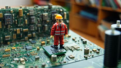 miniature worker standing on a large circuit board at a tech workshop