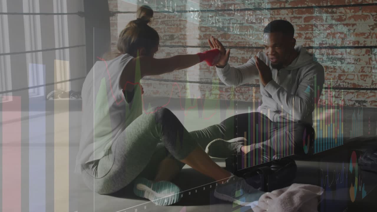 Female boxing client delivering jabs to shifting palm targets held by trainer for skill building