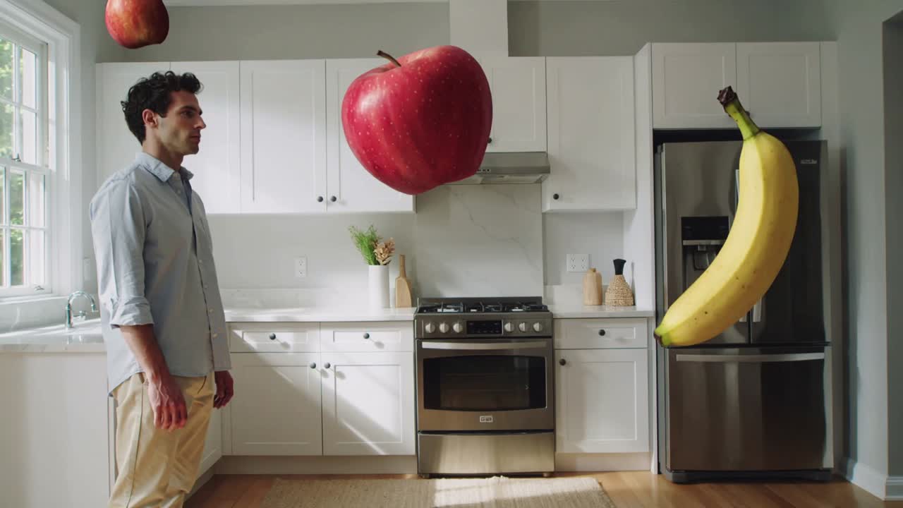 Uomo in maglietta blu che osserva mela, banana e melone entrare da sinistra in cucina, con spazio per il testo.