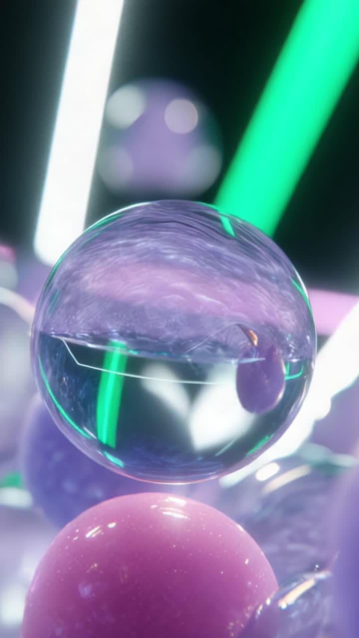 Uno spettacolo ipnotizzante di sfere luminose e bolle incandescenti, che mostra colori vivaci e riflessi in una composizione astratta e futuristica di luce e forma.