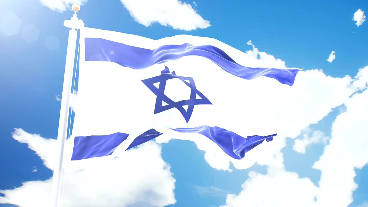 Realistic flag of Israel waving against time-lapse clouds background. Seamless loop in 4K resolution with detailed fabric texture.