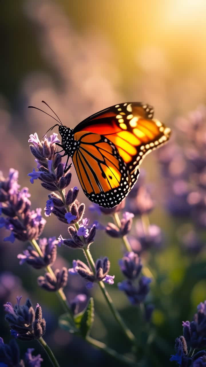 Farfalla Monarca Posata su Fiori di Lavanda